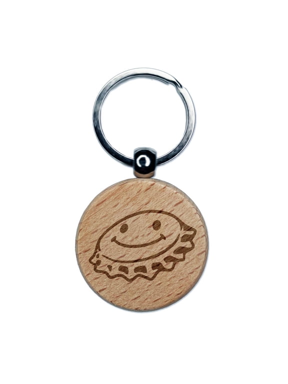 Cartoon Bottle Cap Soda Smiley Face Engraved Wood Round Keychain Tag Charm