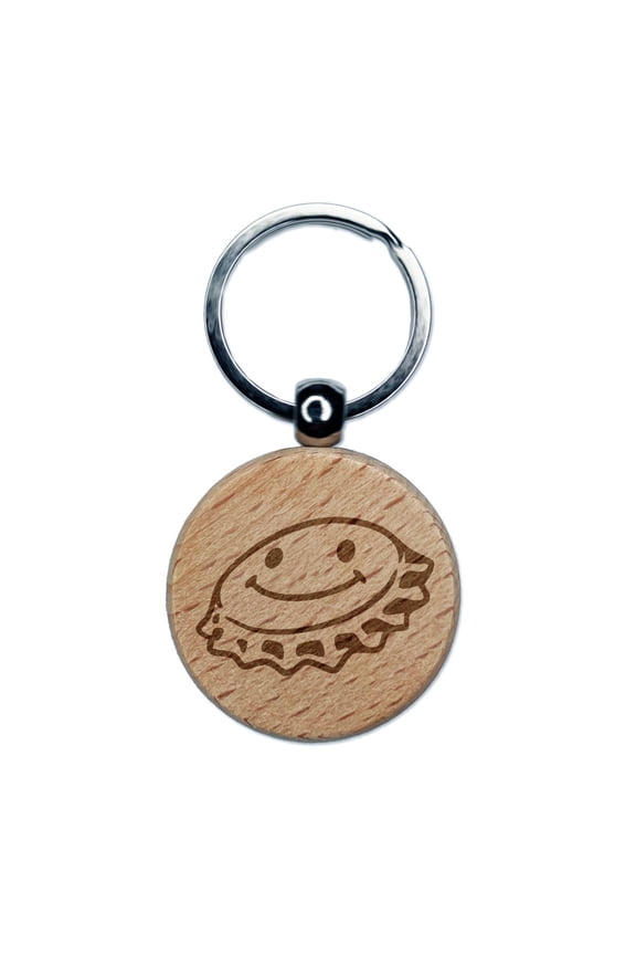 Cartoon Bottle Cap Soda Smiley Face Engraved Wood Round Keychain Tag Charm