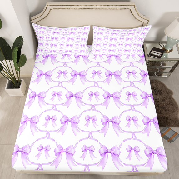 Cartoon Bowknot Bed Sheets Queen Bow Knot Fitted Sheet Butterfly Knot Bow Tie Sheets Watercolor Aesthetic Coquette Room Decor Geometric Purple Bed Set(No Top Sheet)