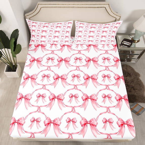 Cartoon Bowknot Bed Sheets Queen Bow Knot Fitted Sheet Butterfly Knot Bow Tie Sheets Watercolor Aesthetic Coquette Room Decor Geometric Red Bed Set（No Top Sheet)