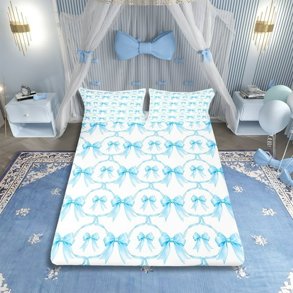 Cartoon Bowknot Bed Sheets Set Full Bow Knot Sheet Set Butterfly Knot Bow Tie Sheets Watercolor Aesthetic Coquette Room Decor Geometric Blue Flat Fitted Sheet