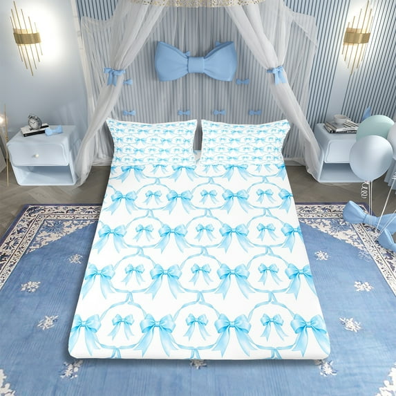 Cartoon Bowknot Bed Sheets Set Queen Bow Knot Sheet Set Butterfly Knot Bow Tie Sheets Watercolor Aesthetic Coquette Room Decor Geometric Blue Flat Fitted Sheet