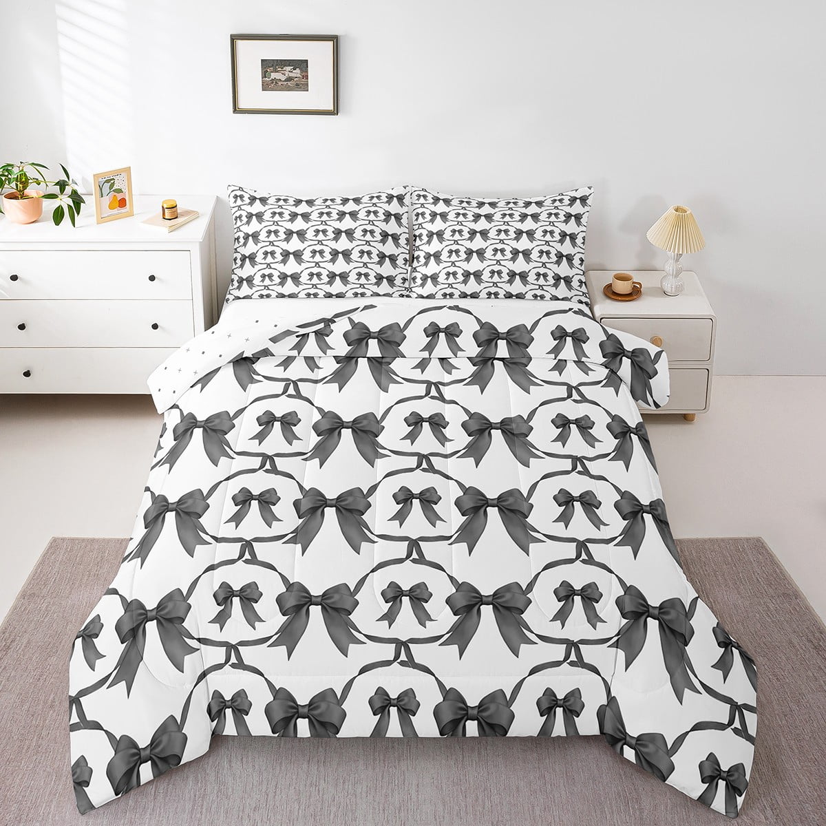 Erosebridal Pink Bowknot Comforter Set Full Size - Butterfly & Bow Tie Print Aesthetic Bedding For Girls Room