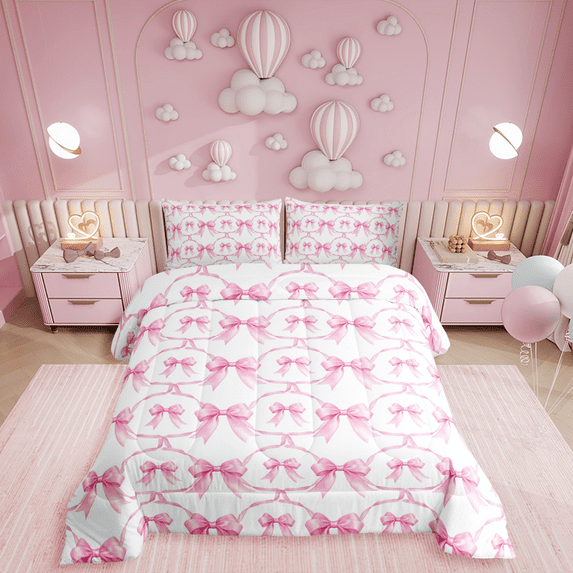 Cartoon Bowknot Comforter Set Twin Bow Knot Bedding Butterfly Knot Bow Tie Bedding Comforter Sets Watercolor Aesthetic Coquette Room Decor Geometric Pink Duvet Insert