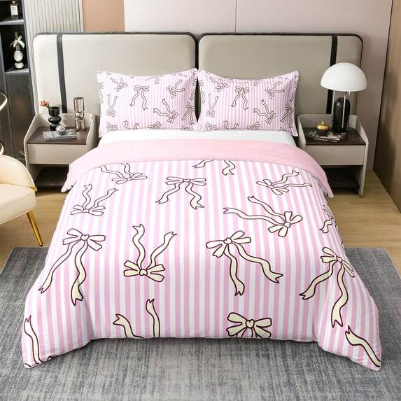 Cartoon Bowknot Duvet Cover 100% Cotton Twin Size,Cute Ribbon Bow Princess Style Comforter Cover(No Filler) for Room Decor,Kawaii Bow-tie Geometric Pink White Stripes Bedding Set,2 Pcs
