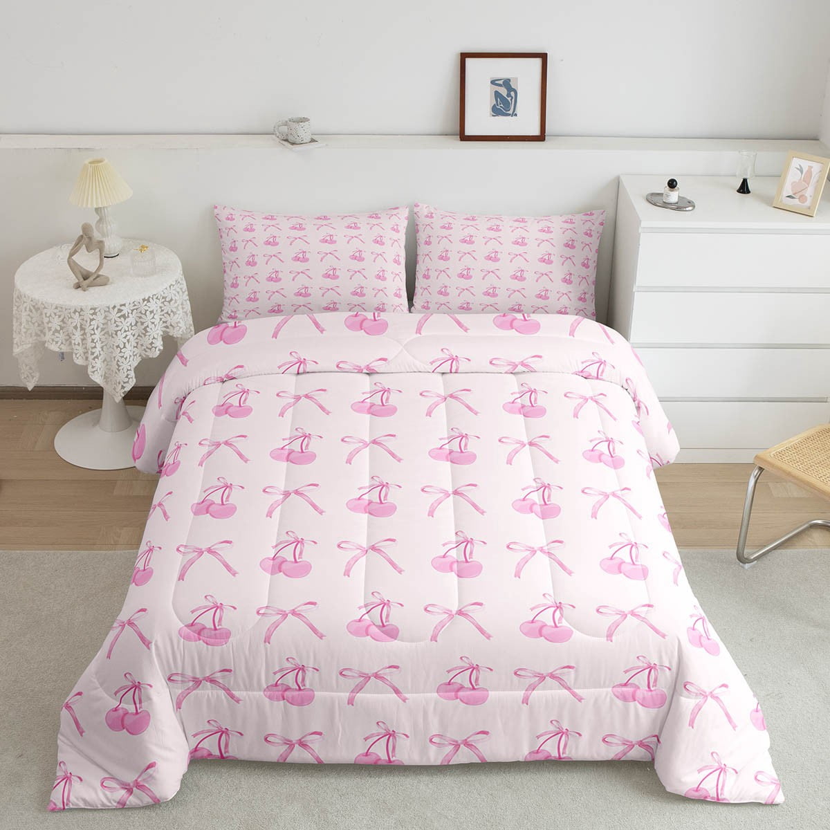 Erosebridal 7-Piece Pink Bow Princess Twin Bedding Set - Comforter, Sheets, Pillowcases & Throw Pillows
