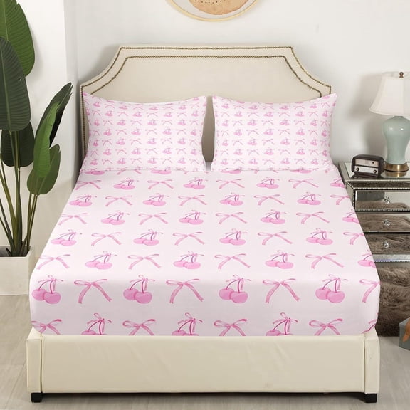 Cartoon Bowknot Kids Fitted Sheet Twin Size,Pink Bow Tie Butterfly Knot Princess Bedding Set,Girls Women Room Decor,Cherry Bow Patchwork Romantic Bed Sheet,2 Pillowcase(No Flat)