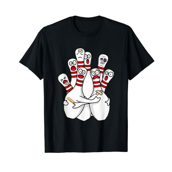 Cartoon Bowling Scared Bowling Pins Funny Sport Bowler Black T-Shirt Crew Neck Tee