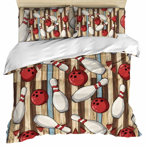 Cartoon Bowling Set of 4 Bedding Quilt Covers, Modern Funny Balls Sports Wood Grain 4-Piece Bed Sheet Set with Extra Soft Bed Sheets Quilt Cover Pillowcase, Twin