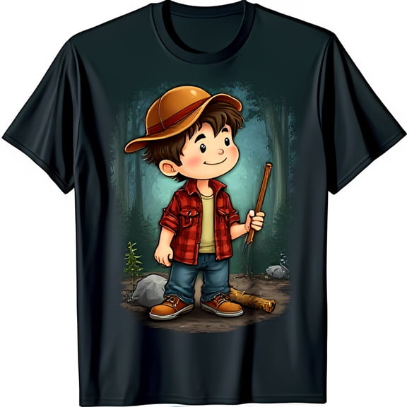 Cartoon Boy Exploring Forest Graphic on Black T-Shirt