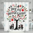 thumbnail image 1 of Cartoon Boy Shower Curtain - Blue Coat Newspaper Print 'Hempy Life' Arrows Design Fun Bathroom Decor, 1 of 5