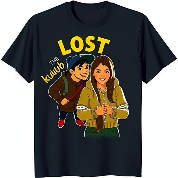 Cartoon Boy and Girl Graphic Tee Blue T-Shirt with 'LOST THE KUUUB' Design