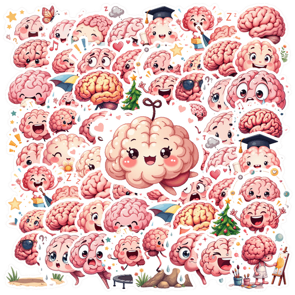 Cartoon Brain Theme Stickers, Waterproof Brain Theme Sticker for Water Bottle Laptop Phone Cases Planner Skateboard Luggage Helmet Party Favor Decor, Ideal for Adults Teens Teacher Rewards