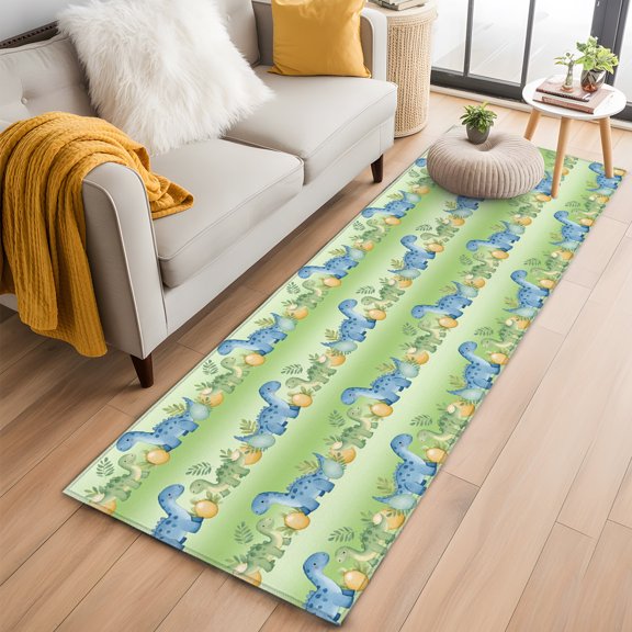 Cartoon Brontosaurus 2'x6' Runner Rug, Tropical Leaves Dino Eggs Green Washable Non-Slip Area Rugs for Hallway Kitchen Floor Bedroom Entryway, Long Laundry Carpet Decoration Indoor Mat