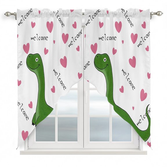 Cartoon Brontosaurus Swag Valances for Windows, Kitchen Curtains 36 Inch Length 2 Panels Set, Welcome Pink Love Modern Short Curtains for Small Windows Rod Pocket Cafe Curtains Drapes 28"x36"