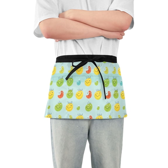 Cartoon Bug Face Server Apron with 3 Pockets Waterproof Waitress Waist Short Apron for Man Woman 12 Inches