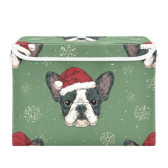 Cartoon Bulldog with Christmas Hats Snowflakes Foldable Storage Bins with Lids Handles Collapsible Storage Containers Tote Boxes 16.5 x 12.6 x 11.8 inches