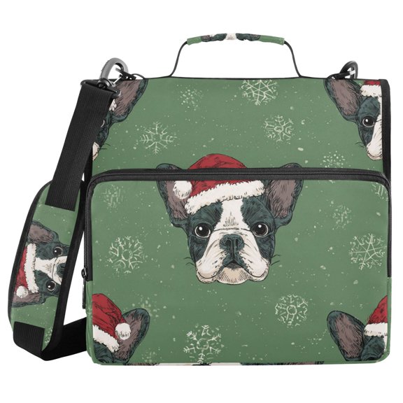 Cartoon Bulldog with Christmas Hats Snowflakes Binder Bag with Shoulder Strap 3 Ring Zipper Binder File Folder Document Storage