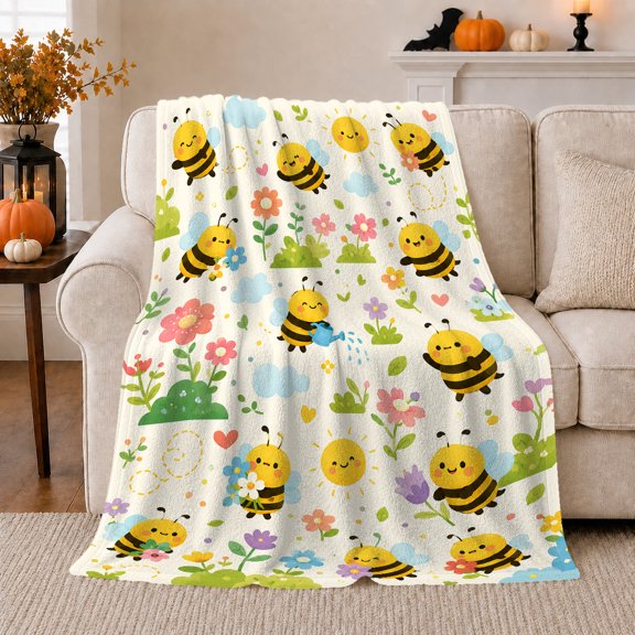 Cartoon Bumblebee Garden Flowers Pattern Playful Cute Bee, Cozy Friendship Quote Scene, Warm Flannel Blanket for Living Room and Reading Nook, Art Lovers Friendship Gift, Playful Home Decor