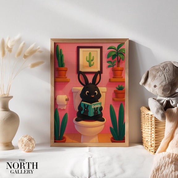 Cartoon Bunny Bathroom Poster Fun Rabbit Reading Â€Œrabbitsâ€ Magazine, Cute Toilet Art Print, Whimsical Room UNFRAMED Poster, Wall Art for Decor, Present, 24x36
