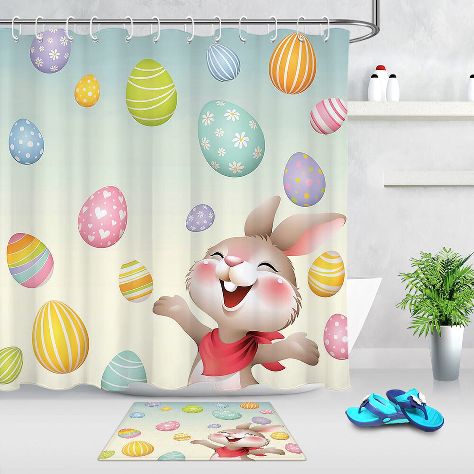 Cartoon Bunny & Colorful Eggs Shower Curtain Set Cute Easter Bathroom