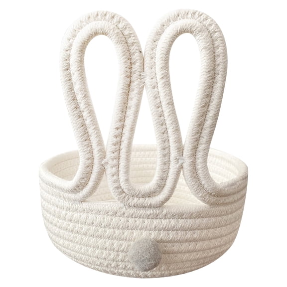 Cartoon Bunny Cotton Rope Storage Basket,Adorable Bunny Ear & Pom-Pom Organizer,Lightweight Woven Basket for Living Room Bedroom Nursery Storage,Easter Cute Home Storage Basket
