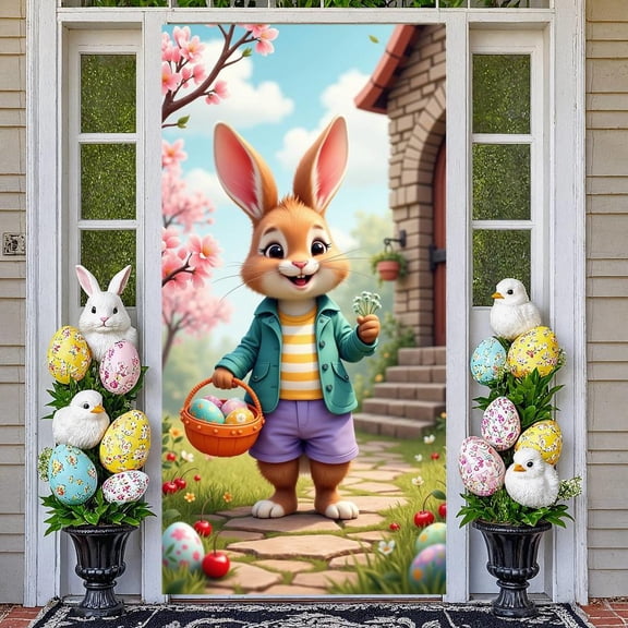 Cartoon Bunny Easter Bunny Banner Colorful Easter Eggs Easter Egg Display Cherry Blossom Spring Themed Spring Backdrop for Easter Party Egg Hunt Activity Kids Party