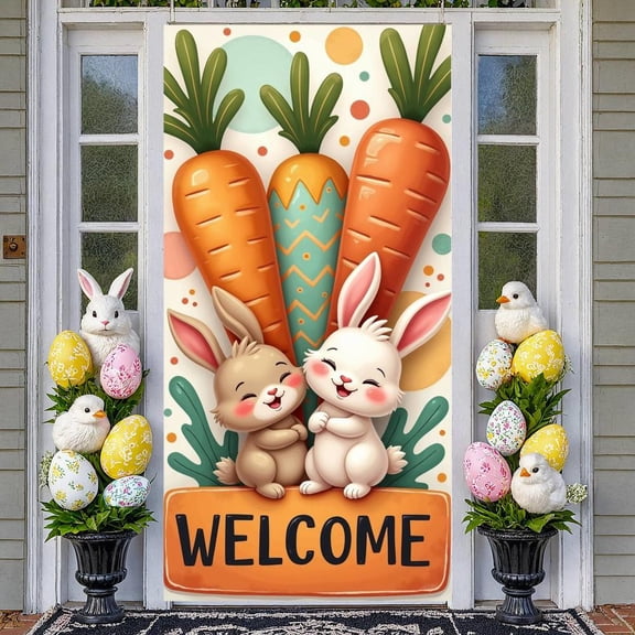 Cartoon Bunny Easter Bunny Banner Colorful Polka Dots Welcome Display Easter Egg Design Cute Rabbit Carrot Backdrop for Easter Party Spring Celebration Kids Event
