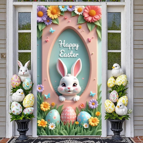 Cartoon Bunny Happy Easter Banner Colorful Easter Eggs Easter Egg Display Spring Flowers Pastel Pink Spring Backdrop for Easter Party Spring Celebration Kids Event