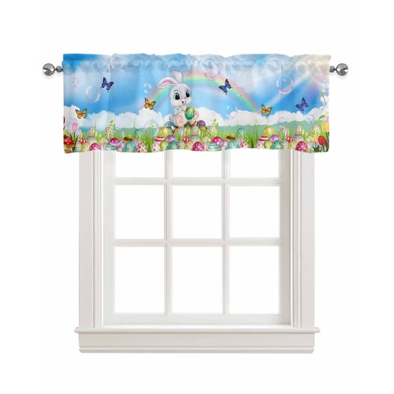 Cartoon Bunny Linen Curtain Valance for Bedroom/Bathroom/Kitchen/Office/Living/Dining Room Windows, Colorful Easter Eggs Spring Mushroom Rod Pocket Topper Decorative Cafe Drapes Panel 42"x18"