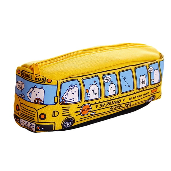 Cartoon Bus Shaped Pen Case Canvas Pen Bag Zippered Pen Pouches Big Capacity Pen Case Stationeries Organiser for Student