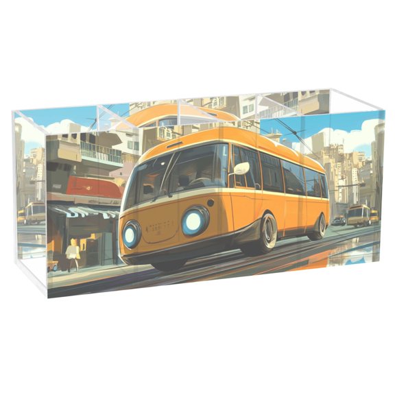 Cartoon Bus on Road Acrylic Pencil Pen Holder Cup 4 Compartments Desktop Organiser 7.87"x2.78"x3.54"
