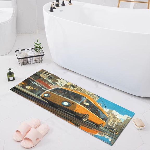 Cartoon Bus on Road Bath Mat 39x20 Non-Slip Bathroom Rugs Absorbent Soft Plush Quick Dry for Tub Shower Kitchen Home Decor