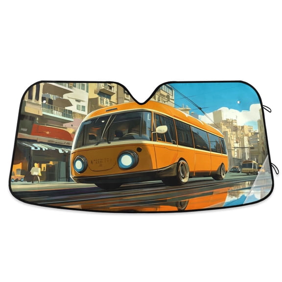 Cartoon Bus on Road Car Windshield Sun Shade Foldable Car Front Window Visor Heat and UV Protection 55x27.6