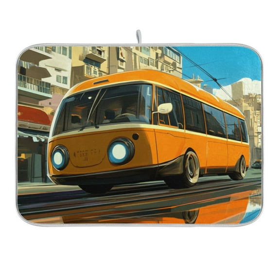 Cartoon Bus on Road Dish Drying Mat 16x18 Absorbent Microfiber Draining Rack Pad for Kitchen Counter Sink