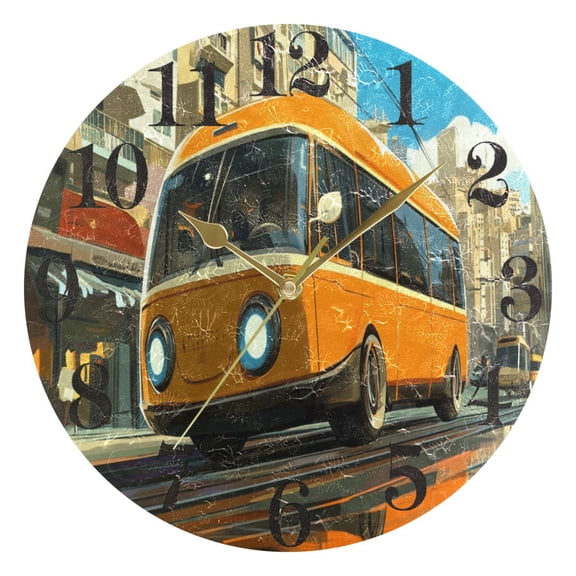 Cartoon Bus on Road Round Wall Clock Battery Operated Silent Non-Ticking Bedroom Office Kitchen Home School Decor 10"(Gold)