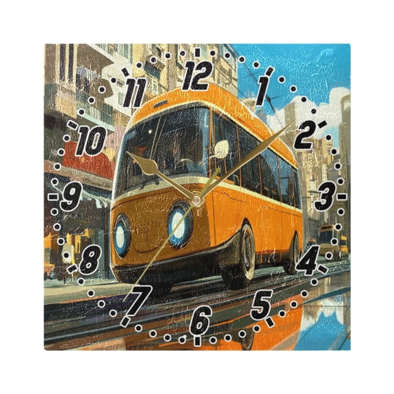 Cartoon Bus on Road Wall Clock Battery Operated Silent Non-Ticking Bedroom Office Kitchen Home School Decor 7.8"(Gold)