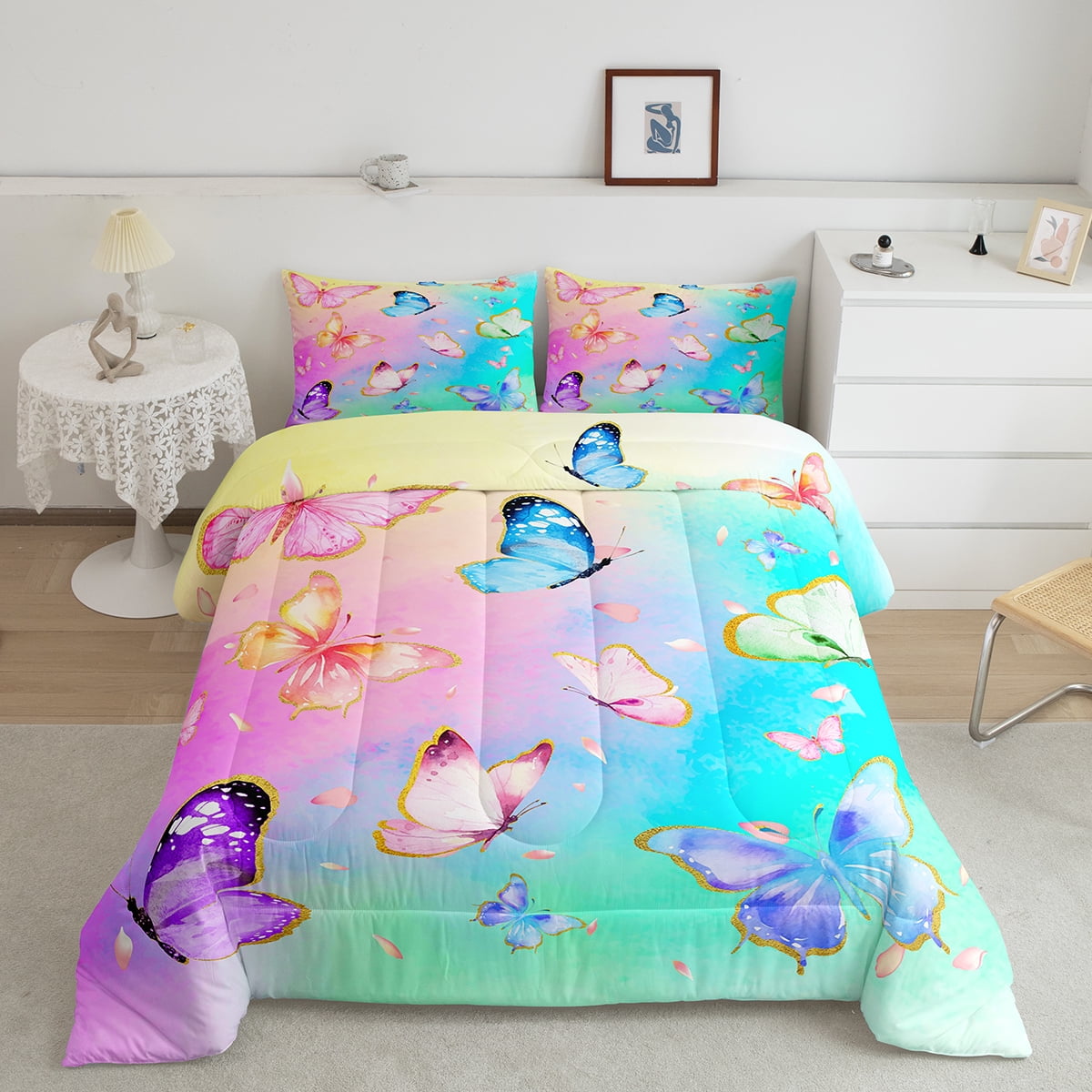 Cartoon Butterfly Bedding Set Girls Room Decor,Wildlife Animal Pink