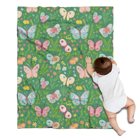 Cartoon Butterfly Flower Leaf Green Pattern Blanket,Comfortable Soft Flannel Throw Blanket,All Season,Warm Lightweight Blankets for Sofa Bed Couch Living Room Chair,30"x40"