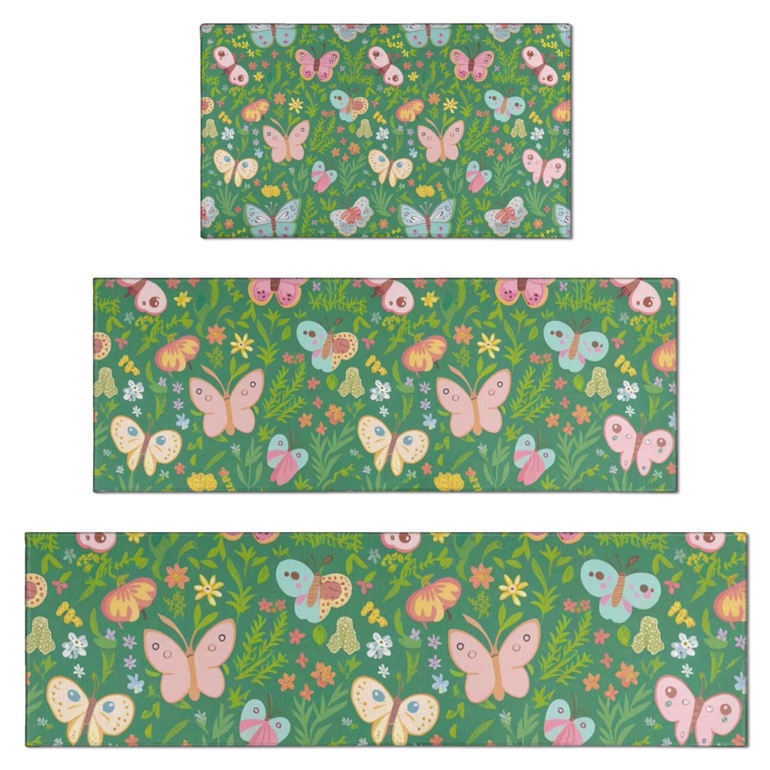 Cartoon Butterfly Flower Leaf Green Pattern Kitchen Rugs Sets Of 3 ...