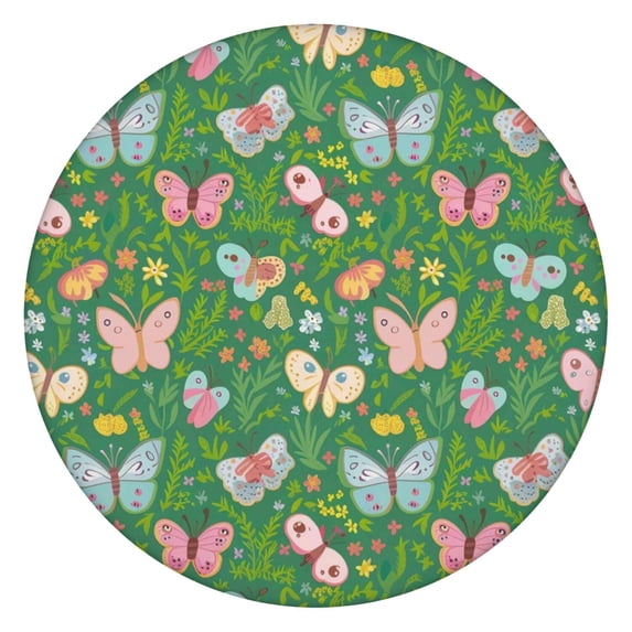 Cartoon Butterfly Flower Leaf Green Pattern Round Fitted Tablecloth with Elastic Edge,Dining Table Cover Waterproof,Outdoor Round Tablecloth for Camping,Dining,Indoor and Outdoor