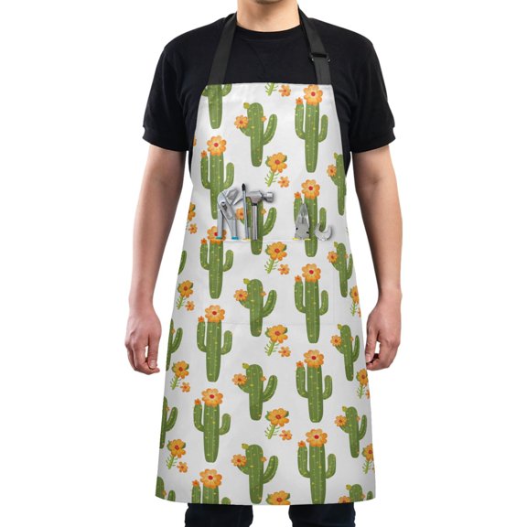 Cartoon Cactus Flowers Kitchen Apron with 2 Pockets Adjustable waterproof Cooking Aprons for Women Men Chef