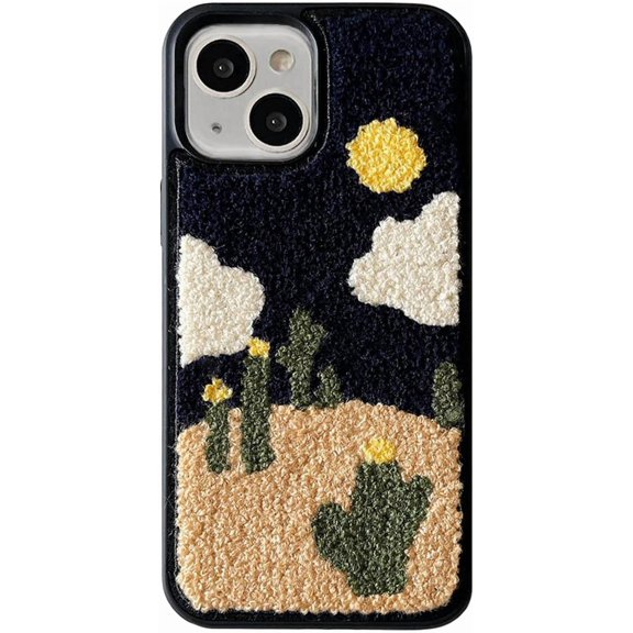 Cartoon Cactus Fuzzy Phone Cases Compatible with iPhone 15 Embroidered Phone Cover for Women Girl Fluffy Full Body Protective Case for iPhone 15 6.1inch(Cute Cactus)