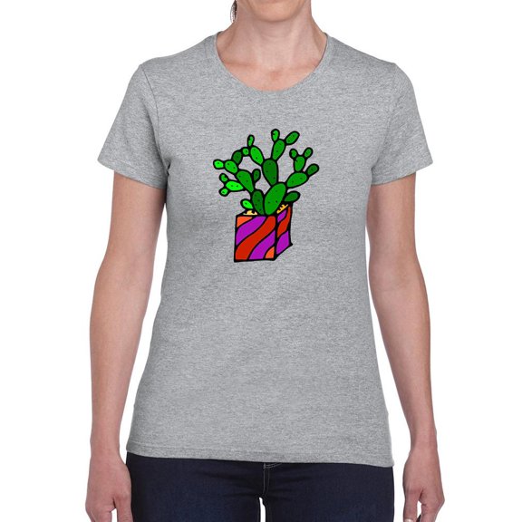 Cartoon Cactus Inside Box Shaped T-Shirt Women -Image by Shutterstock, Female Small