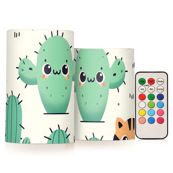 Cartoon Cactus and Tiger Face Flickering Flameless LED Candles set of 2 Battery Operated 18-Key Remotes Timer Halloween Fall Decor D3''xH4''5''