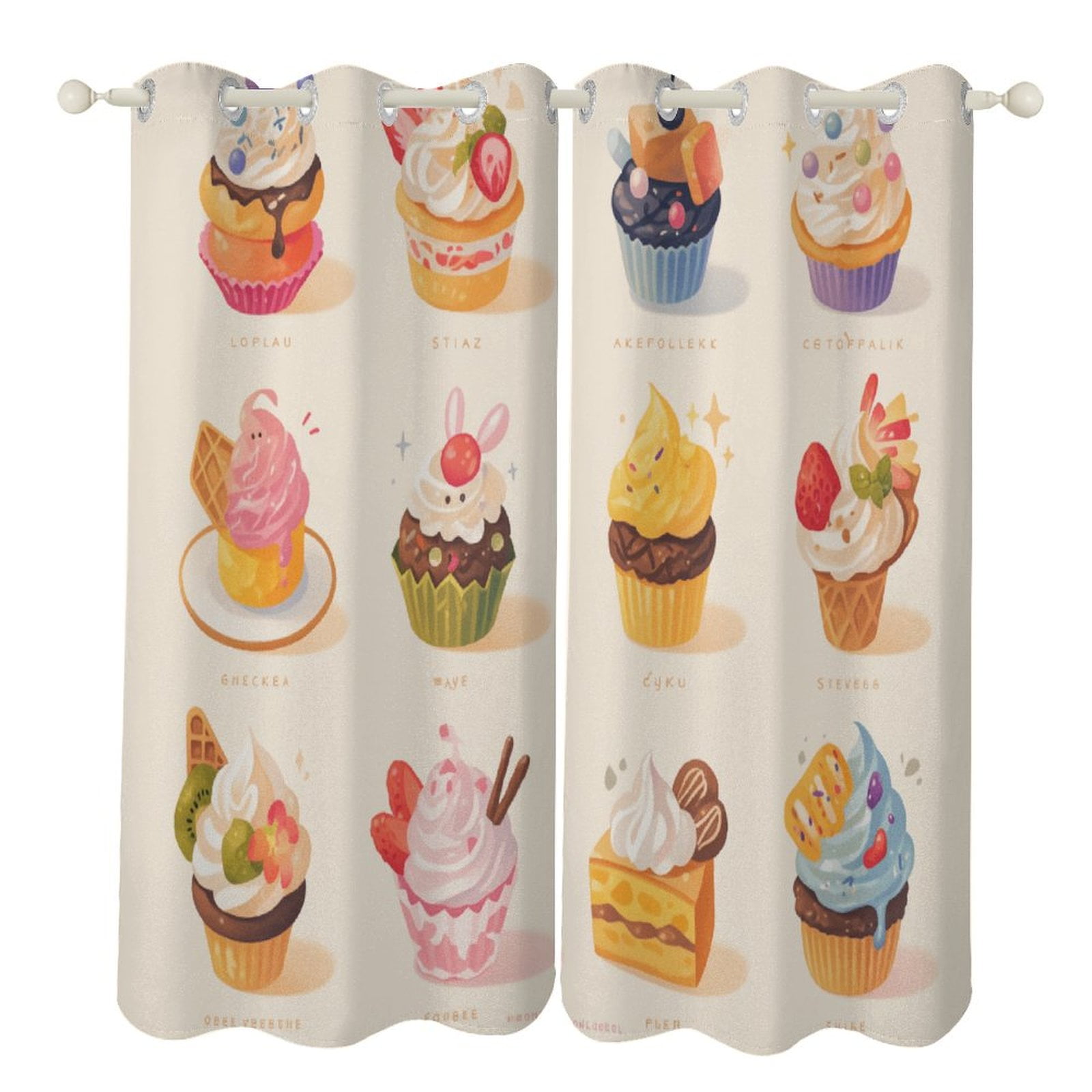Cartoon Cake 2 Panel Curtain Set, Watercolor Painting Window Treatment ...