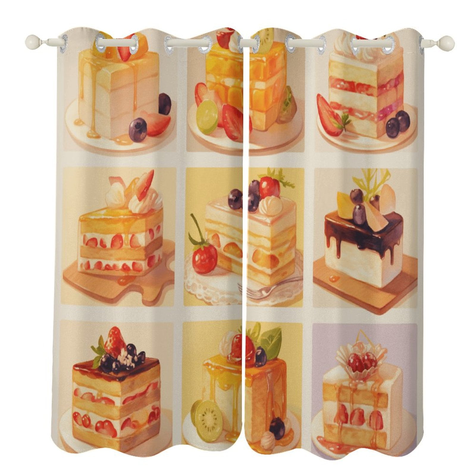 Cartoon Cake 2 Panel Curtain Set, Watercolor Painting Window Treatment ...
