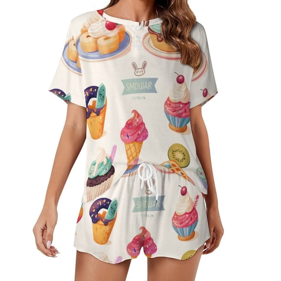 Cartoon Cake Pajama Set for Women 2 Piece Sleepwear Loungewear Short Sleeve