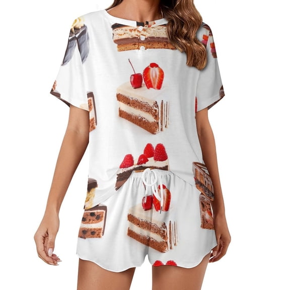 Cartoon Cake Pajama Set for Women 2 Piece Sleepwear Loungewear Short Sleeve