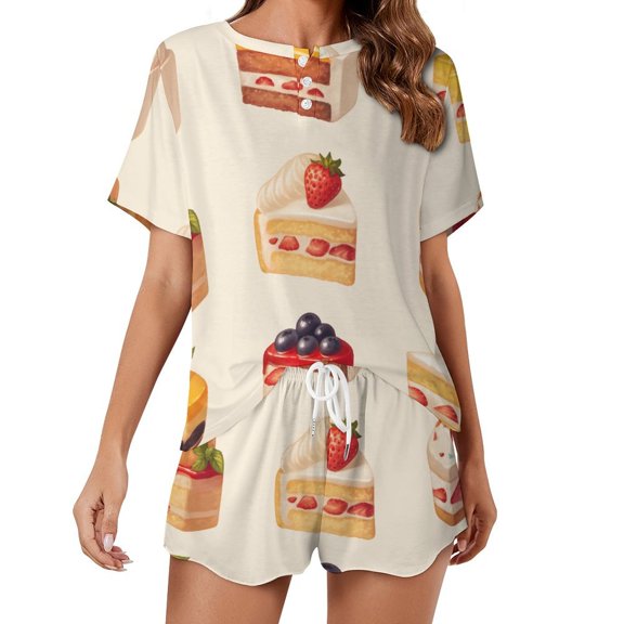 Cartoon Cake Pajama Set for Women 2 Piece Sleepwear Loungewear Short Sleeve